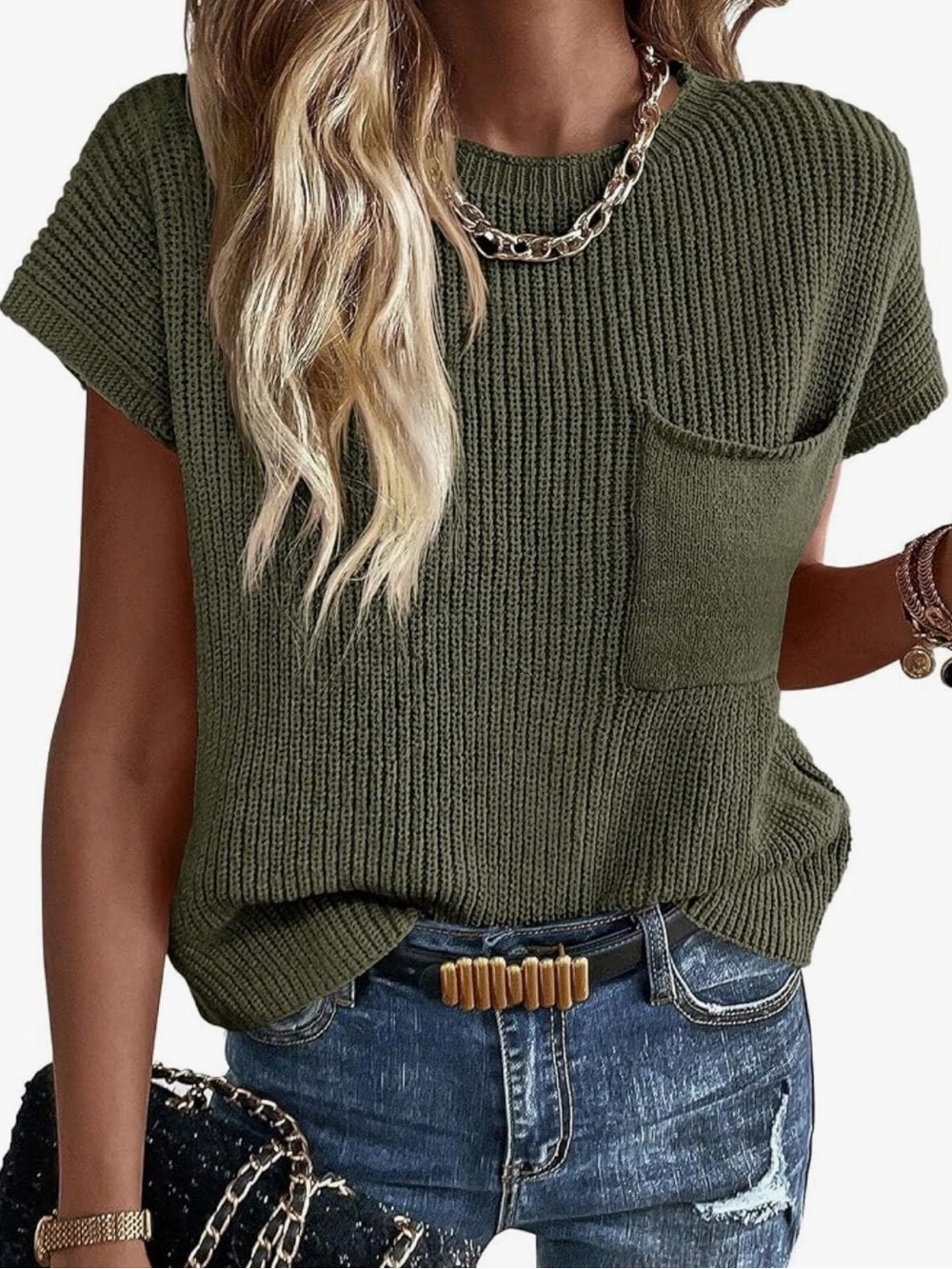 Amazon Olive Green Short Sleeve Knit Pocket Sweatshirt
